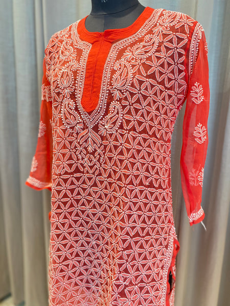 Veersons Chikankari Hand-Embroidered Georgette Lucknowi Chikankari Kurti