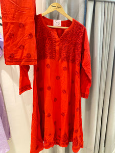 Veersons Chikankari Rayon A line Red Kurti and Pants Lucknowi Chikankari Co-Ord Set