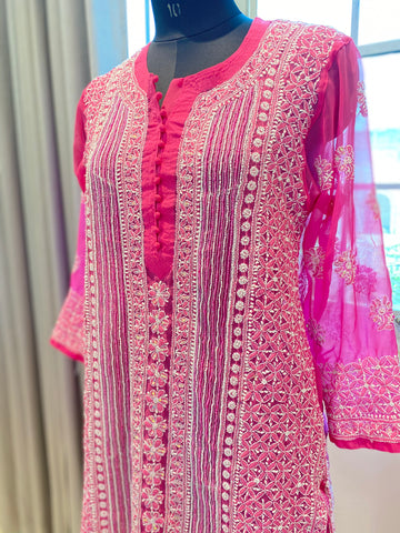 Veersons Chikankari Embellished Georgette Lucknowi Chikankari Kurti - Veersons-Chikankari Studio