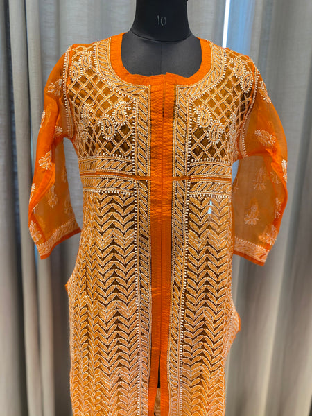 Veersons Chikankari Pure Organza Chikankari Kurti in Sherwani Style - Veersons-Chikankari Studio