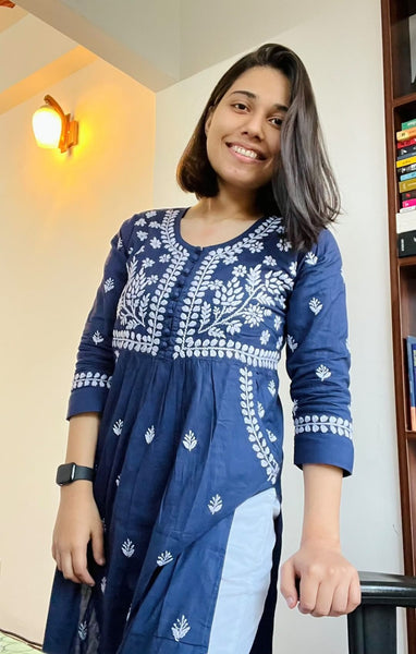 Veersons Chikankari HandEmbroidered Cotton Chikan Kurta with Side Pockets - Veersons-Chikankari Studio
