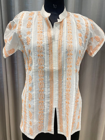 Veersons Chikankari Cotton Short Top with Peach Thread-Work Lucknowi Chikan Short Top
