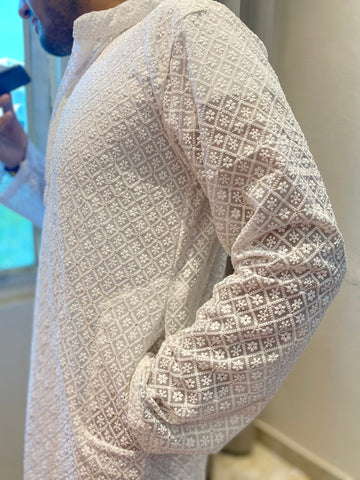Veersons Chikankari Men’s Haquoba White Kurta - Veersons-Chikankari Studio
