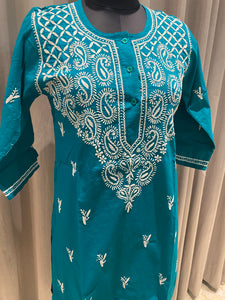 Veersons Chikankari Sea Green Cotton Lucknowi Kurta - Veersons-Chikankari Studio