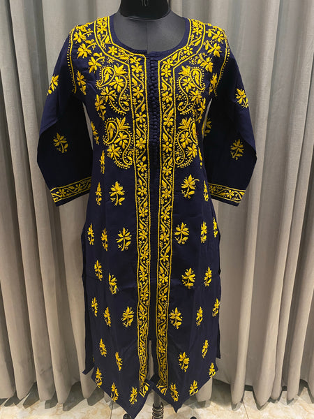 Veersons Chikankari Navy Blue with Yellow Thread-work Lucknow Chikankari Kurta - Veersons-Chikankari Studio