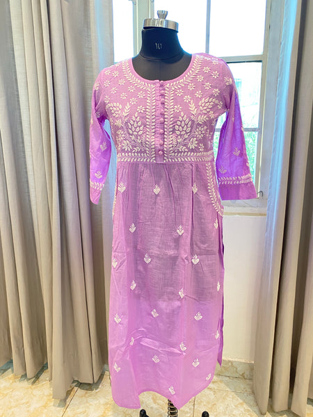 Veersons Chikankari HandEmbroidered Cotton Chikan Kurta with Side Pockets - Veersons-Chikankari Studio