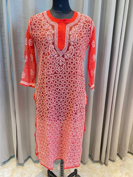 Veersons Chikankari Hand-Embroidered Georgette Lucknowi Chikankari Kurti