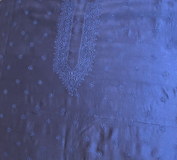 Veersons Chikankari Navy Blue Gents Pure Chanderi Lucknowi Chikankari Unstitched Kurta