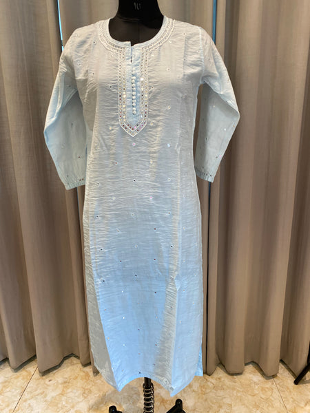 Veersons Chikankari Ombre Pure Chanderi Metallic Blue Mirror Work Kurta with Pockets