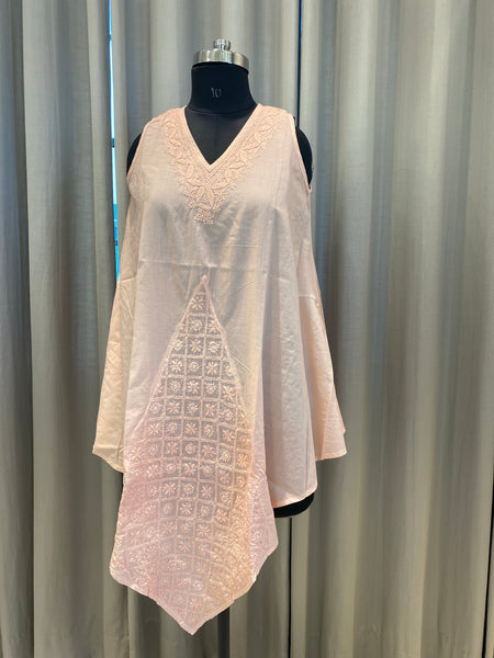 Veersons Chikankari Pure Cotton Pink Kaftan Ponchu Lucknowi Chikankari Short Top