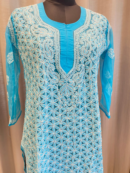 Veersons Chikankari Georgette Front and Back Lucknowi Chikankari Kurta
