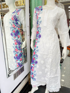 Veersons Chikankari Cotton Hand-embroidered Kurta with Prints and Chikankari Double Layer Pallazos