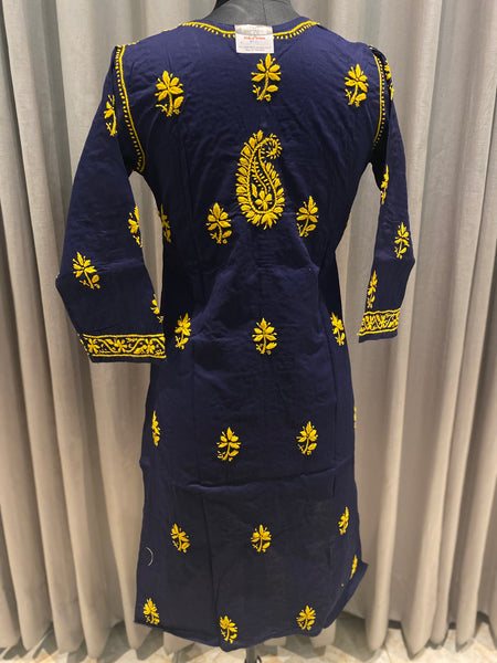Veersons Chikankari Navy Blue with Yellow Thread-work Lucknow Chikankari Kurta - Veersons-Chikankari Studio