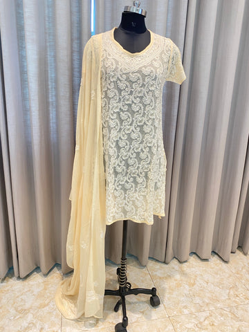 Veersons Chikankari Beige Semi Georgette Lucknowi Chikankari Stitched Suit Set