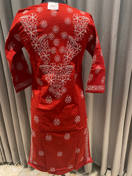 Veersons Chikankari Hand-Embroidered Red Cotton Lucknowi Chikankari Kurta - Veersons-Chikankari Studio