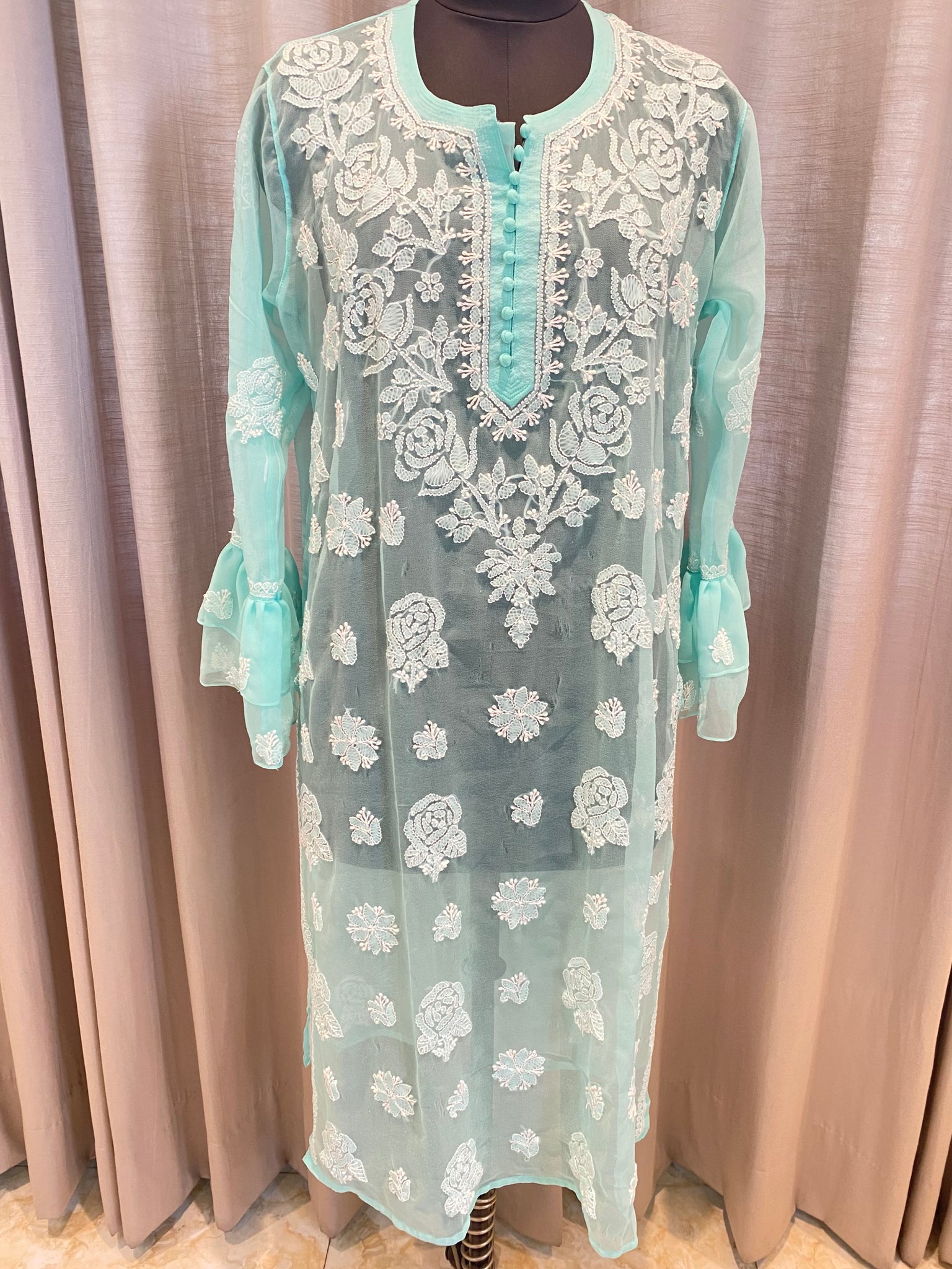 Veersons Chikankari Gulab Motif Georgette Kurti with Bell Sleeves - Veersons-Chikankari Studio