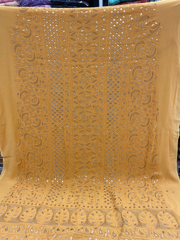 Veersons Chikankari Hand-Embroidered Viscose Georgette Mustard Unstitched Kurta Dupatta Lucknowi Chikankari Set