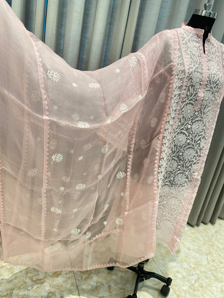 Veersons Chikankari Hand-Embroidered Pure Organza Kurta and Dupatta Premium Lucknowi Chikankari