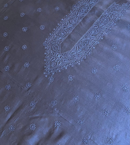 Veersons Chikankari Navy Blue Gents Pure Chanderi Lucknowi Chikankari Unstitched Kurta