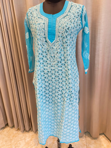 Veersons Chikankari Georgette Front and Back Lucknowi Chikankari Kurta