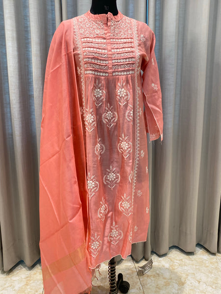 Veersons Chikankari Pure Chanderi Carrot Shade Premium Chikankari Kurta and Dupatta