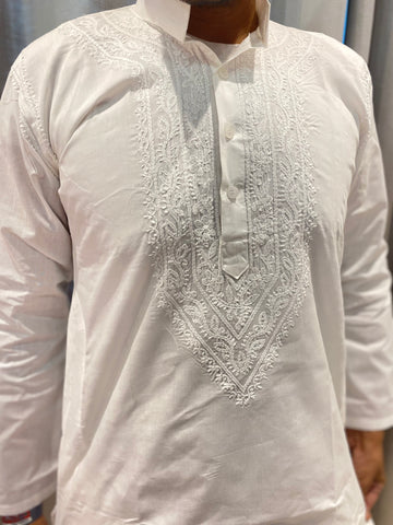 Veersons Chikankari White Cotton Kurta Pyjama Set - Veersons-Chikankari Studio