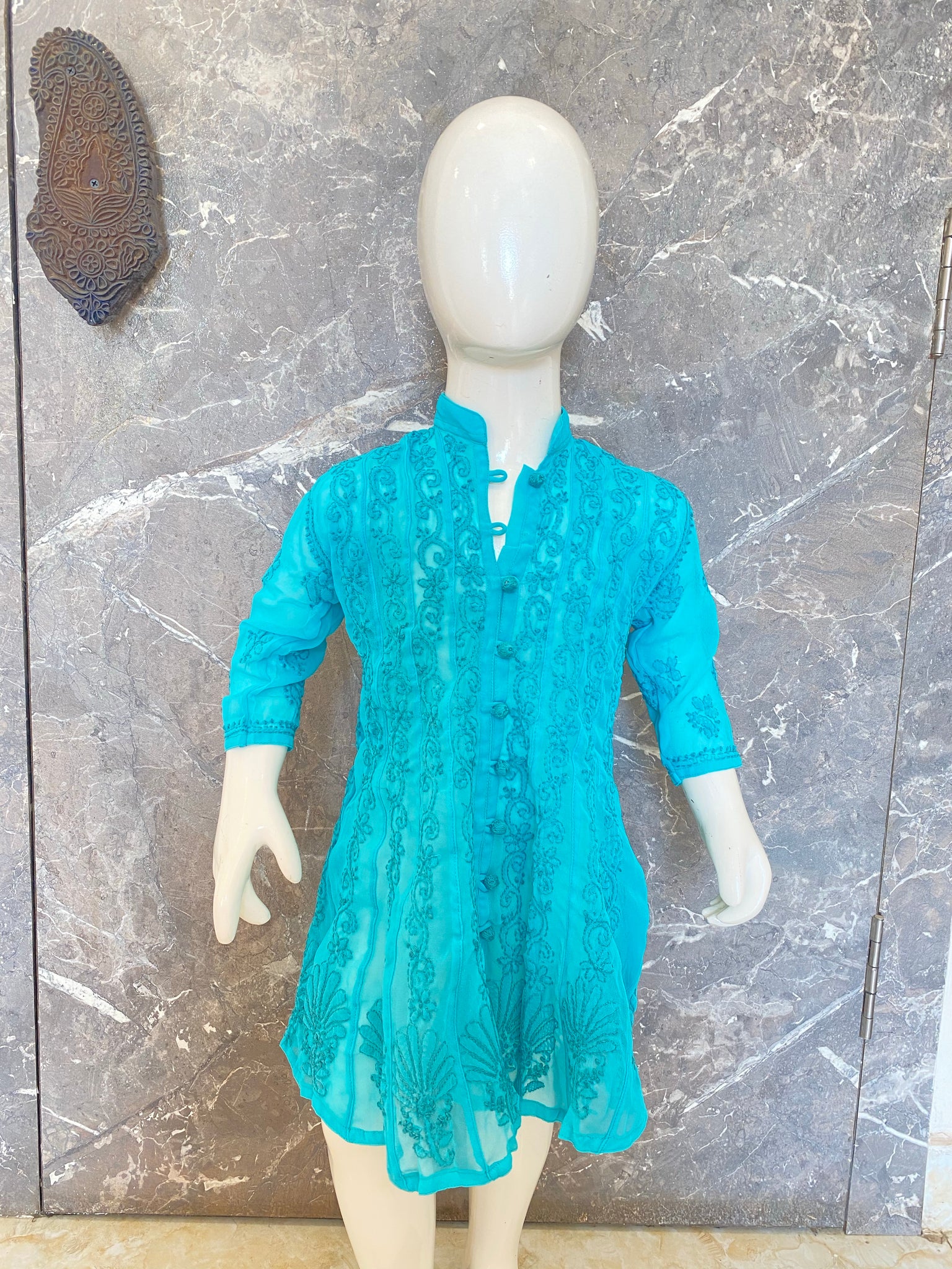 Veersons Chikankari Girl Kidswear Bachkana Turquoise Green Lucknowi Kids Anarkali