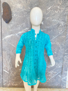 Veersons Chikankari Girl Kidswear Bachkana Turquoise Green Lucknowi Kids Anarkali