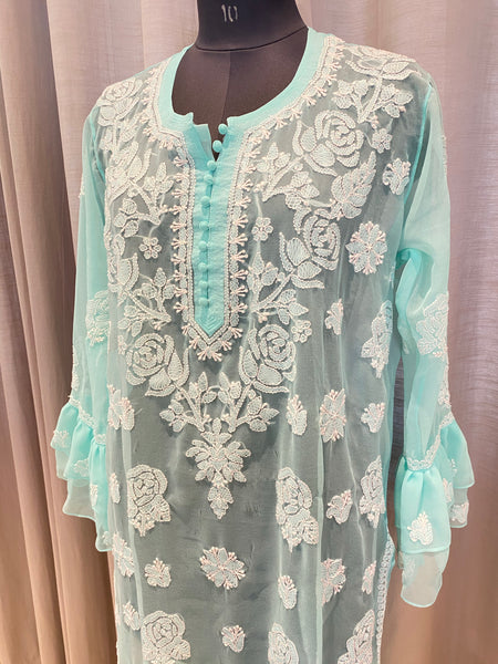 Veersons Chikankari Gulab Motif Georgette Kurti with Bell Sleeves - Veersons-Chikankari Studio