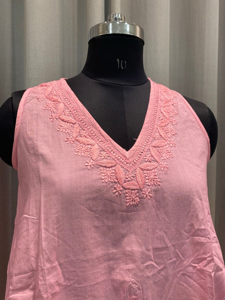 Veersons Chikankari Pure Cotton Pink Kaftan Ponchu Lucknowi Chikankari Short Top