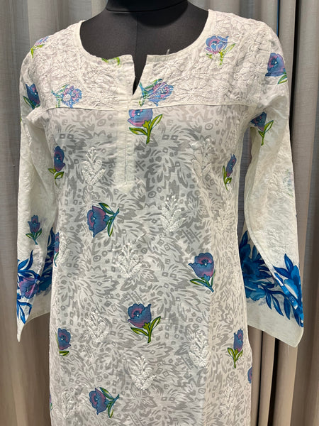 Veersons Chikankari  Hand-Embroidered Brasso Cotton Lucknowi Chikankari Kurta with Prints
