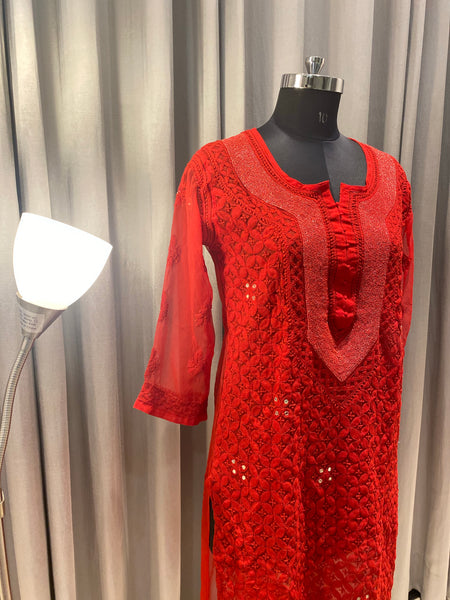 Veersons Chikankari Hand-Embroidered Kurti with Beads work in Georgette - Veersons-Chikankari Studio