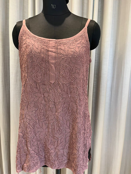 Veersons Chikankari Viscose Georgette spaghetti short Top