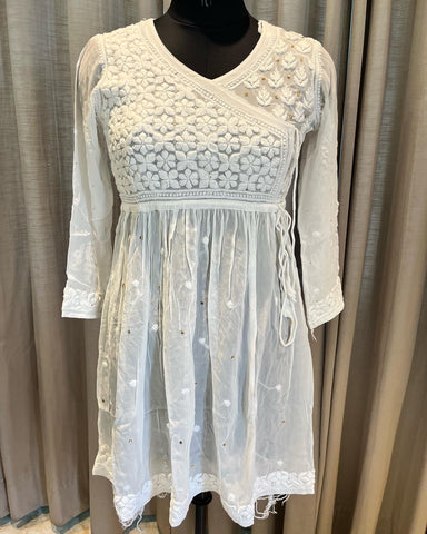 Veersons Chikankari Viscose Georgette Short Angrakha Lucknowi Chikankari Short Kurta