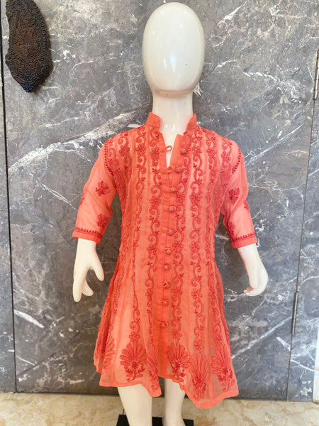 Veersons Chikankari Georgette Kids Carrot Colour Kids Lucknowi Chikan Anarkali