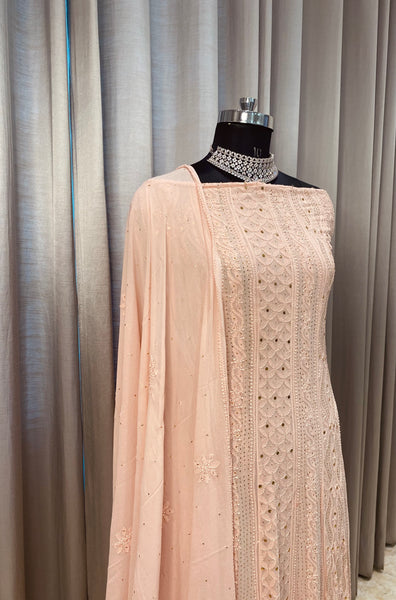 Veersons Chikankari Viscose Georgette Rose Gold Anarkali with Moquish Work