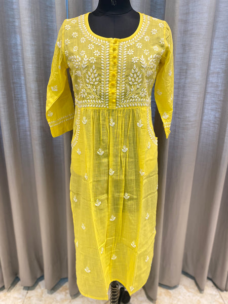 Veersons Chikan Kurti with Pockets Yelloe