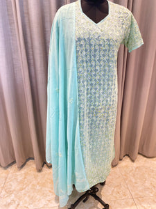 Veersons Chikankari Sea Green Georgette Lucknowi Chikankari Suit Set