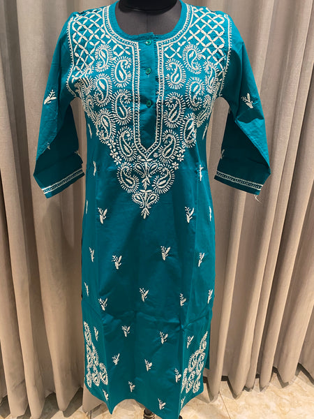 Veersons Chikankari Sea Green Cotton Lucknowi Kurta - Veersons-Chikankari Studio