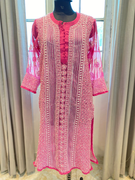 Veersons Chikankari Embellished Georgette Lucknowi Chikankari Kurti - Veersons-Chikankari Studio