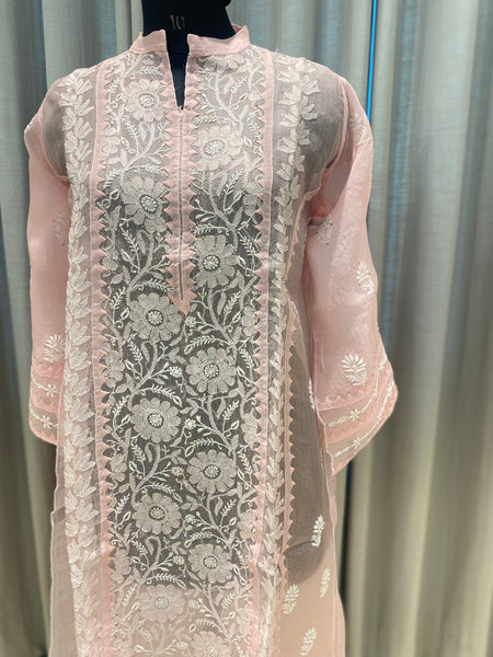 Veersons Chikankari Hand-Embroidered Pure Organza Kurta and Dupatta Premium Lucknowi Chikankari