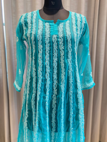 Veersons Chikankari Hand-Embroidered Blue Georgette Anarkali (with slip) - Veersons-Chikankari Studio