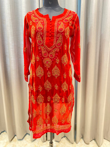 Veersons Chikankari Hand-Embroidered Georgette Kurti (With Slip) - Veersons-Chikankari Studio