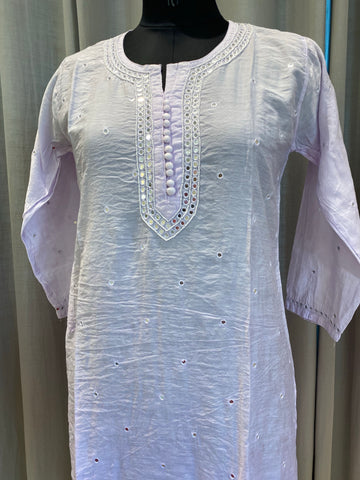 Veersons Chikankari Pure Chanderi Mirror Work Lavender Kurta With Pockets