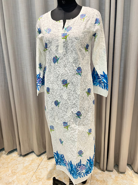 Veersons Chikankari  Hand-Embroidered Brasso Cotton Lucknowi Chikankari Kurta with Prints