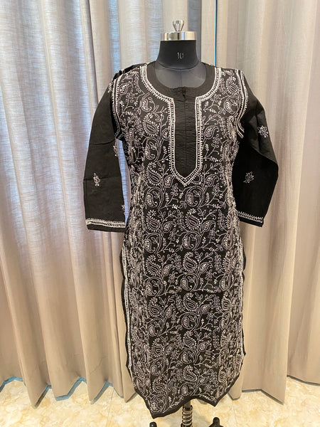 Veersons Chikankari Black Cotton Kurta with White Threadwork Lucknowi Chikankari Kurti - Veersons-Chikankari Studio