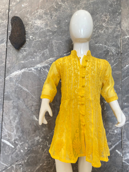 Veersons Chikankari Yellow Georgette Girls Kidswear Lucknowi Anarkali
