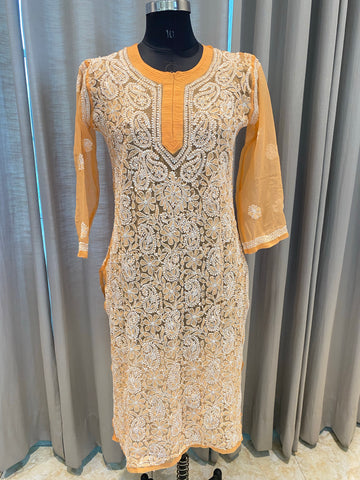 Veersons Chikankari Hand-Embroidered Peach Georgette Lucknowi Kurti