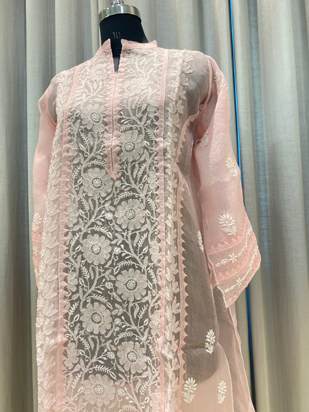 Veersons Chikankari Hand-Embroidered Pure Organza Kurta and Dupatta Premium Lucknowi Chikankari