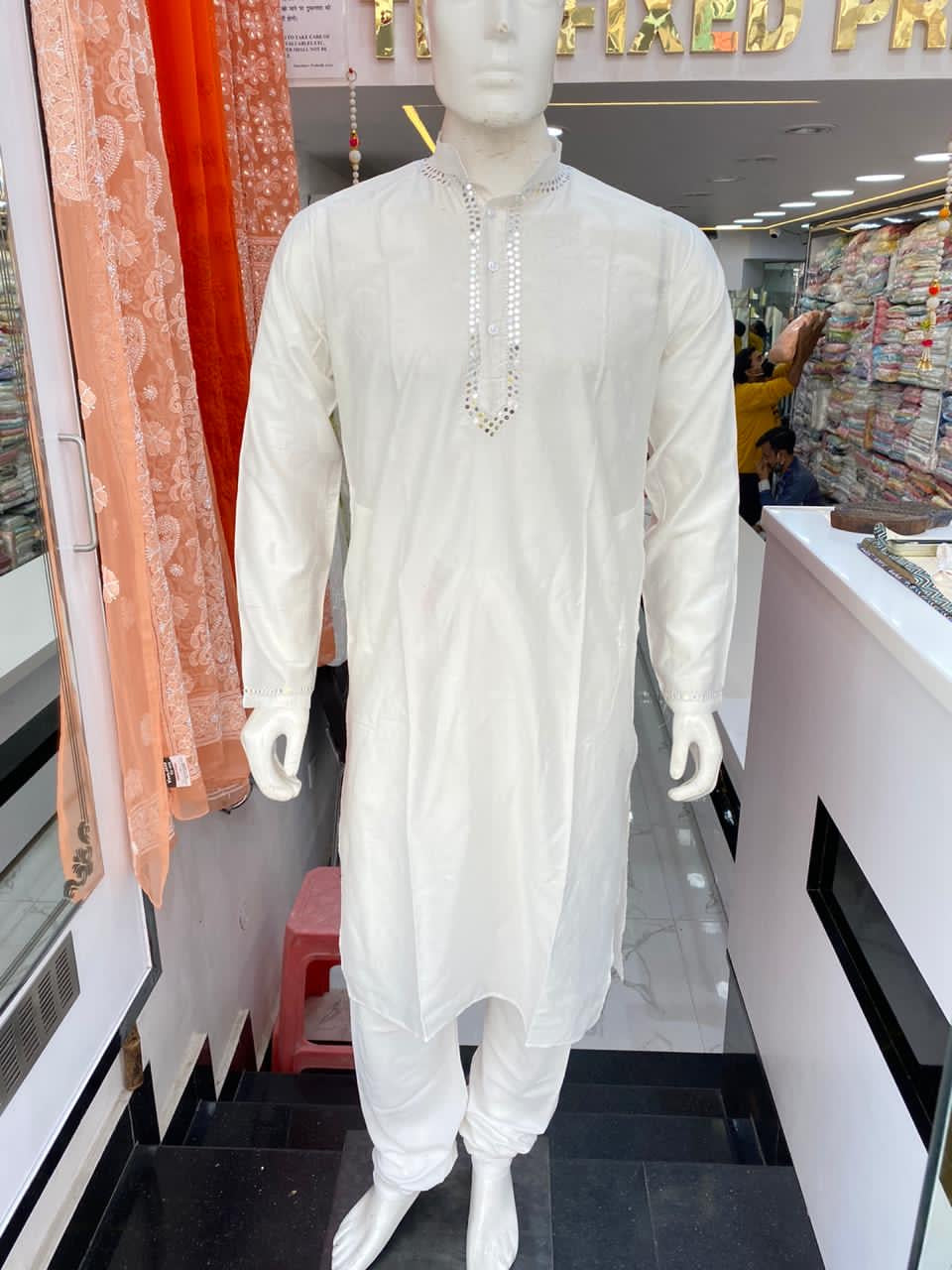 Veersons Chanderi Kurta Pajama Set with Mirror Embellishment - Veersons-Chikankari Studio